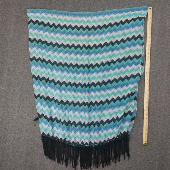 RUE21 WOMENS Y2K TEAL BLUE WHITE BLACK SHEER CHEVRON FRINGE SCARF  34×68 - Picture 5 of 11